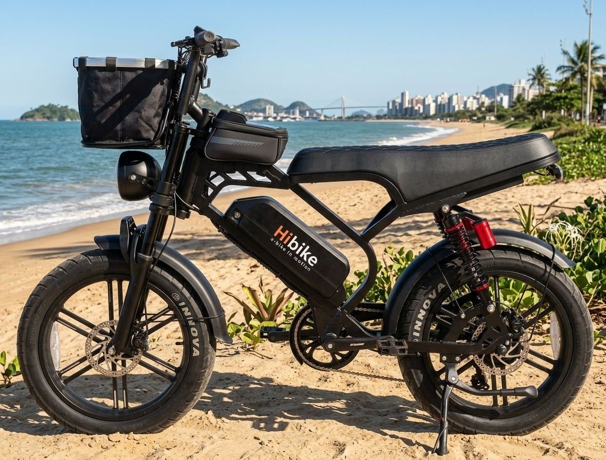 Bike elétrica Marthan modelo R10 Full em cenário de praia com coqueiros